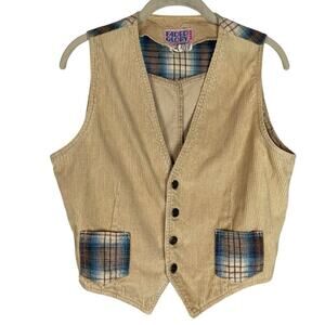 Vintage Faded Glory tan corduroy vest plaid accents